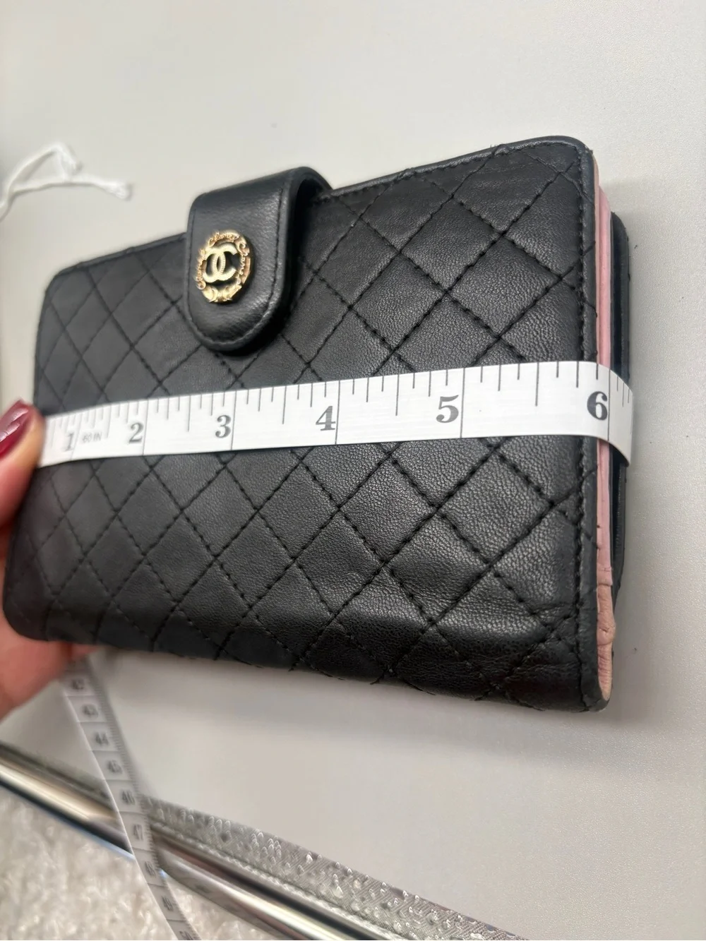 Chanel Black Quilted Leather Bifold Wallet Pink Interior With COA